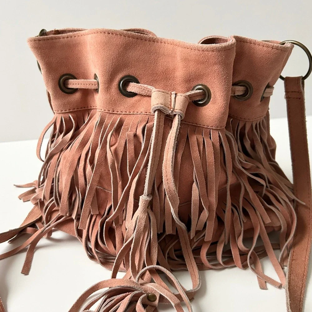 Fringe Suede Crossbody Bag 100% Cow Leather Dusty Pink Mauve Small Tassel Boho